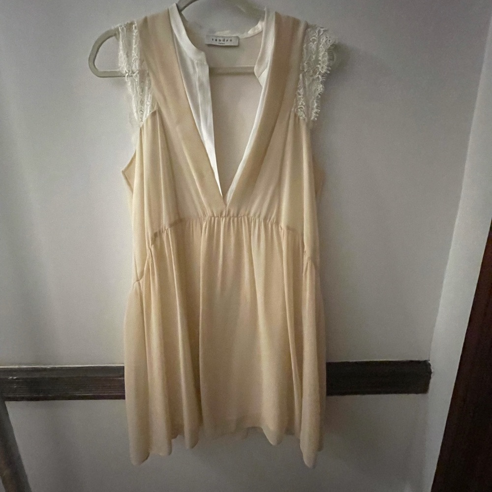 Sandro waisted pale dress with lace detail